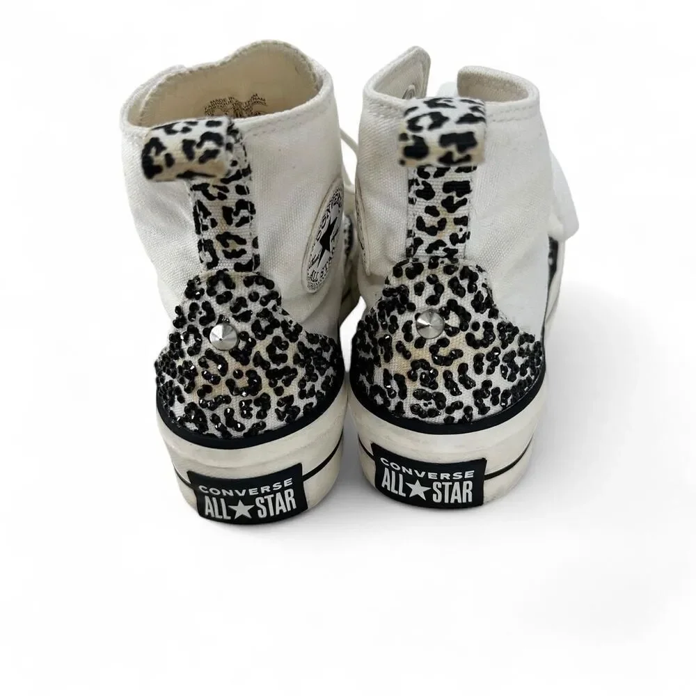 Embellished White Platform High Top Canvas Sneakers Cheetah Print Rhinestone Gem